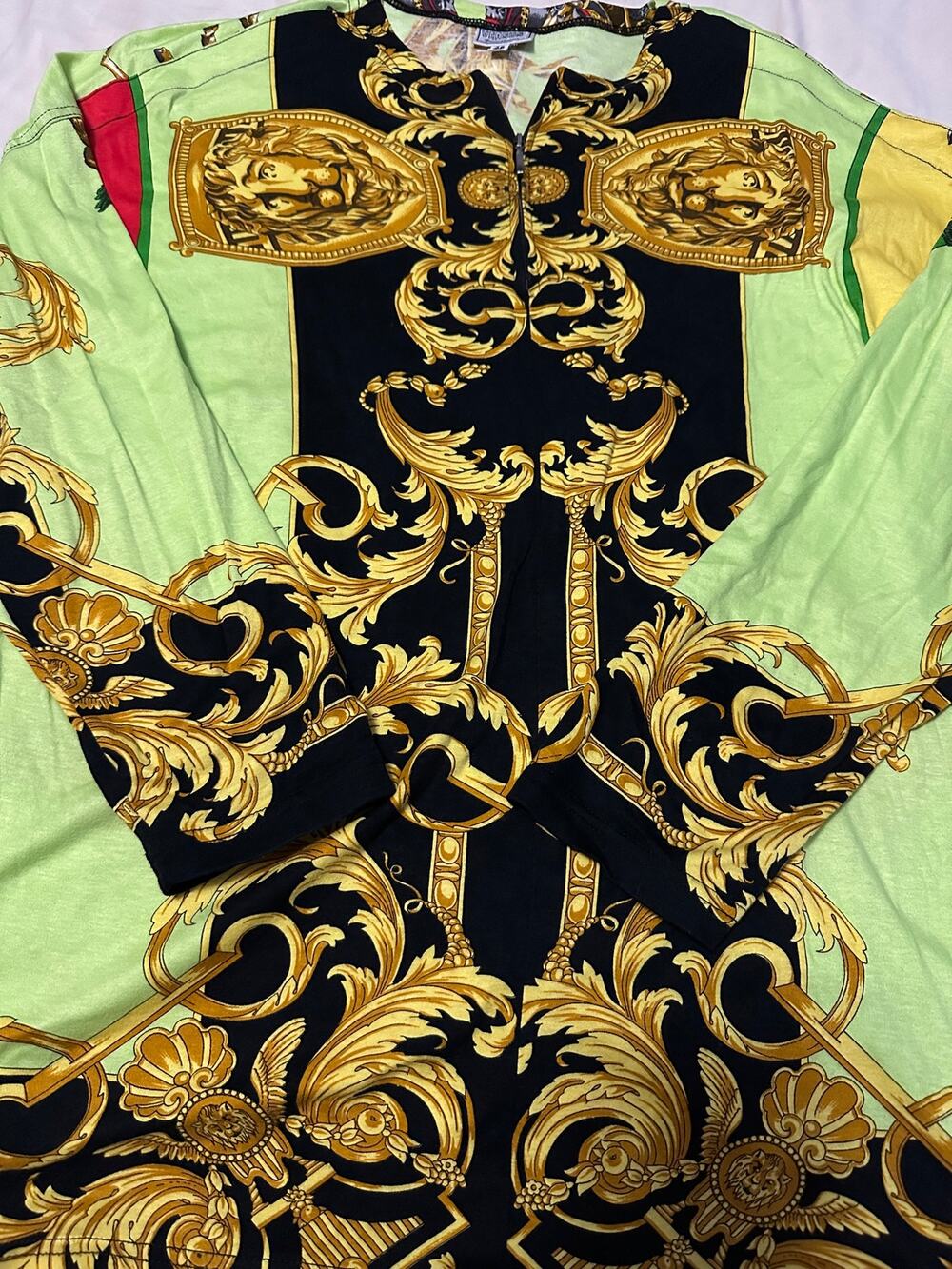 VTG 90s Versus Versace Lime Green Gold Baroque Lion Head 1/4 Zip Blouse Sz 28 42